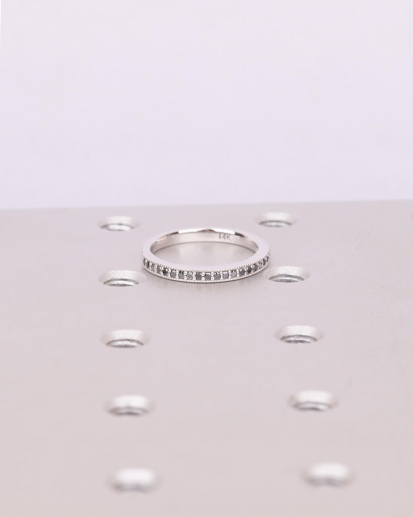 Black Diamond Wedding Band Women, Milgrain 14k White Gold Half Eternity Matching Rings image #20