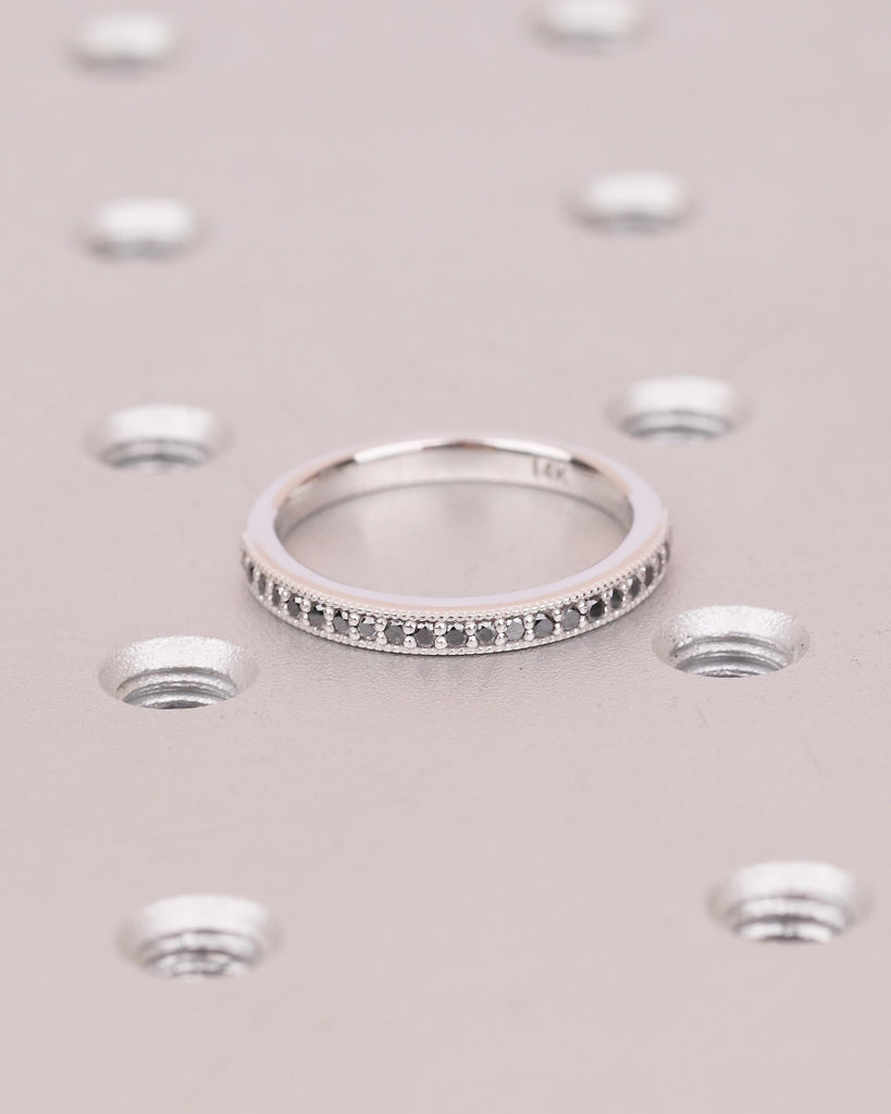 Half Eternity Round Black Diamond Wedding Band, Dainty 18k/14k White Gold Wedding Ring, Handmade Jewelry, Unique Stackable Rings for Women image #3
