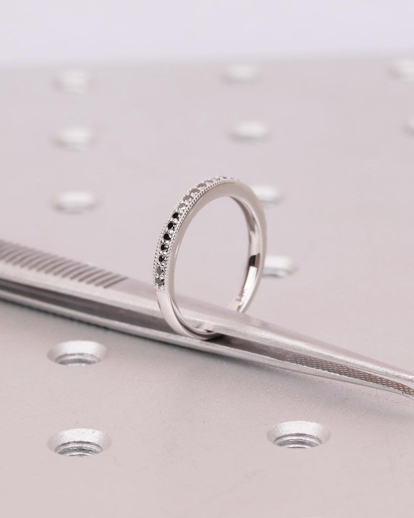 Black Diamond Wedding Band Women, Milgrain 14k White Gold Half Eternity Matching Rings image #11