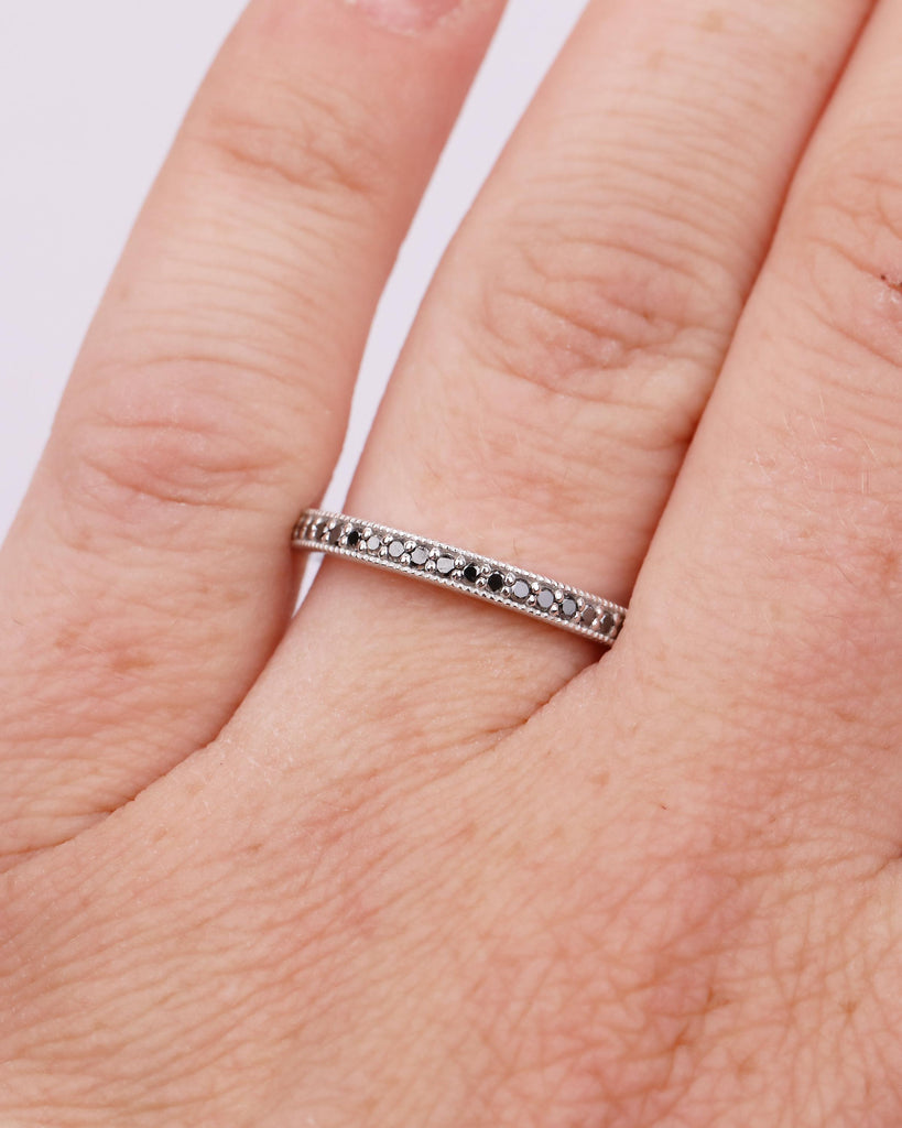 Half Eternity Round Black Diamond Wedding Band, Dainty 18k/14k White Gold Wedding Ring, Handmade Jewelry, Unique Stackable Rings for Women image #16