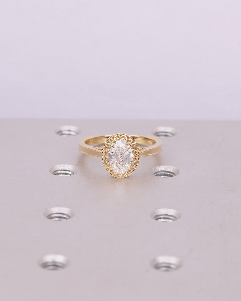 1ct Oval Cut Lab Grown Diamond Engagement Ring, 18k Gold Filigree Ring, Milgrain Band image #8