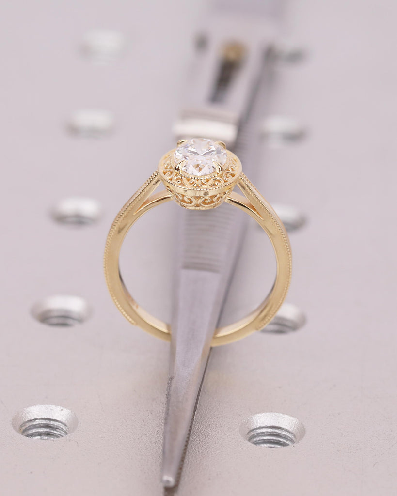 1 Carat Lab Created Diamond Wedding Rings for Women, Oval Engagement Ring, Vintage Inspired 18k Yellow Gold Jewelry, Unique Solitaire Ring image #7