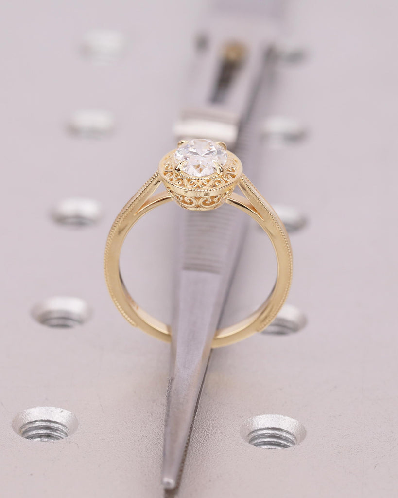 1ct Oval Cut Lab Grown Diamond Engagement Ring, 18k Gold Filigree Ring, Milgrain Band image #7