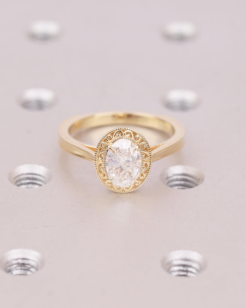 1ct Oval Cut Lab Grown Diamond Engagement Ring, 18k Gold Filigree Ring, Milgrain Band image #12