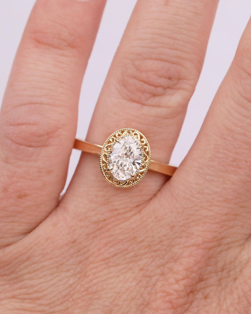 1 Carat Lab Created Diamond Wedding Rings for Women, Oval Engagement Ring, Vintage Inspired 18k Yellow Gold Jewelry, Unique Solitaire Ring image #3