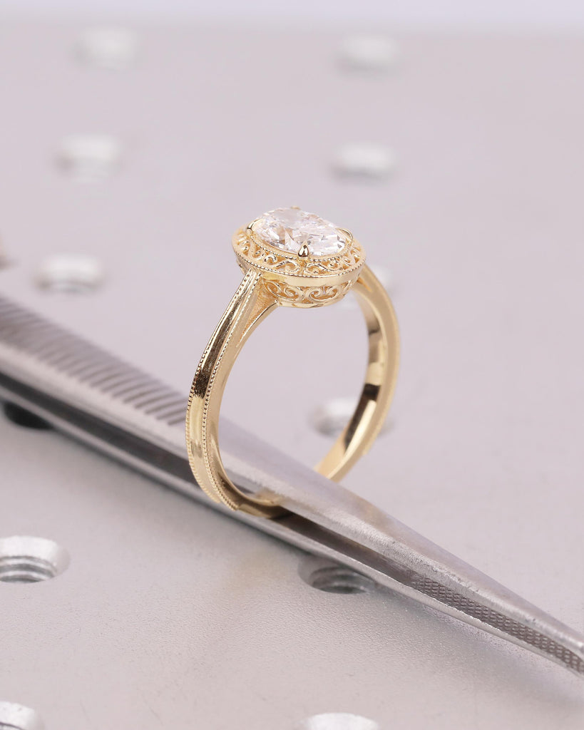 18k Solid Gold Solitaire Engagement Ring, Art Deco 1 Carat Oval Moissanite Ring, Scrollwork Personalized Handmade Jewelry, Heirloom Rings image #14