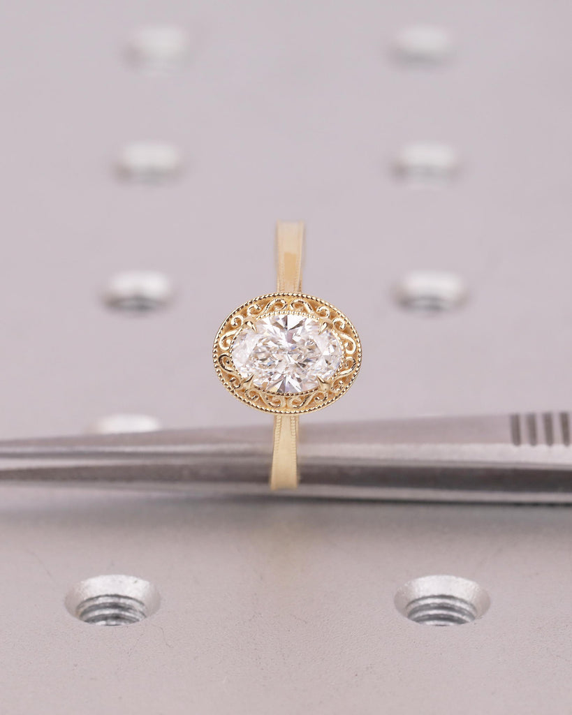 18k Solid Gold Solitaire Engagement Ring, Art Deco 1 Carat Oval Moissanite Ring, Scrollwork Personalized Handmade Jewelry, Heirloom Rings image #11