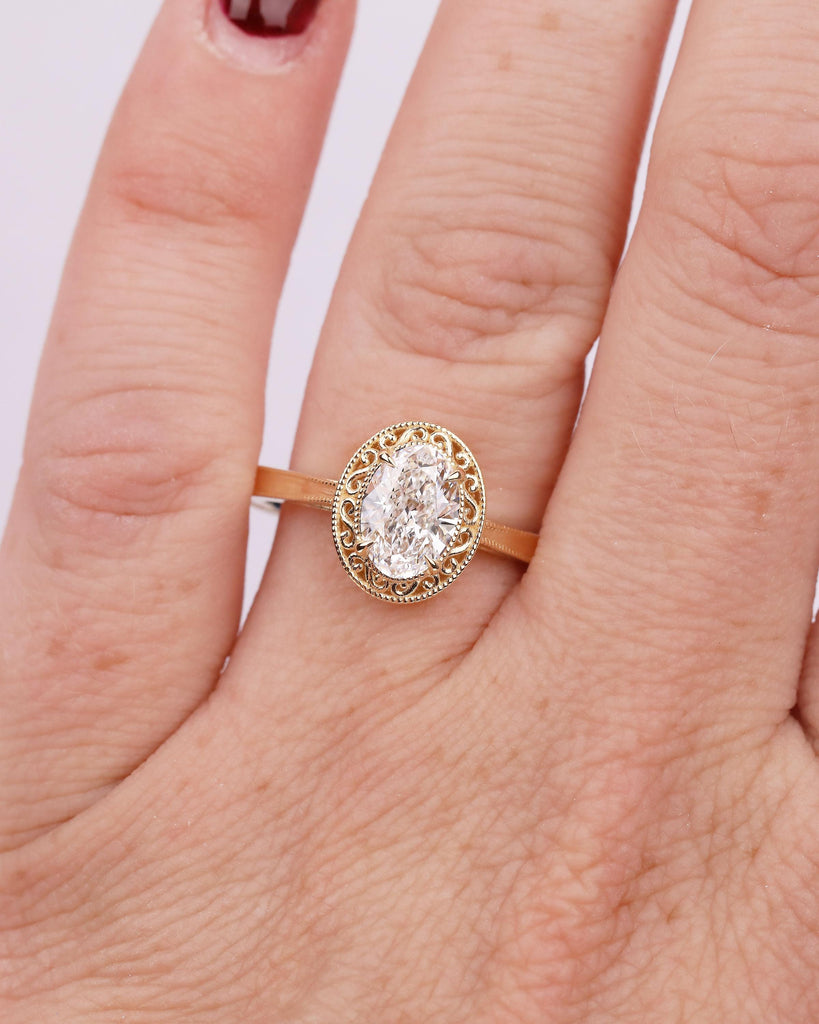 Vintage Style Oval Moissanite Engagement Ring, Milgrain 18k Gold Anniversary Ring image #15