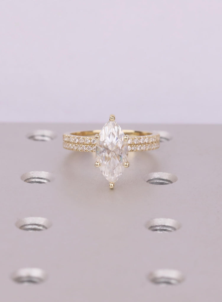 14K Yellow Gold Marquise Moissanite Bridal Set with Lab Diamond Band image #3