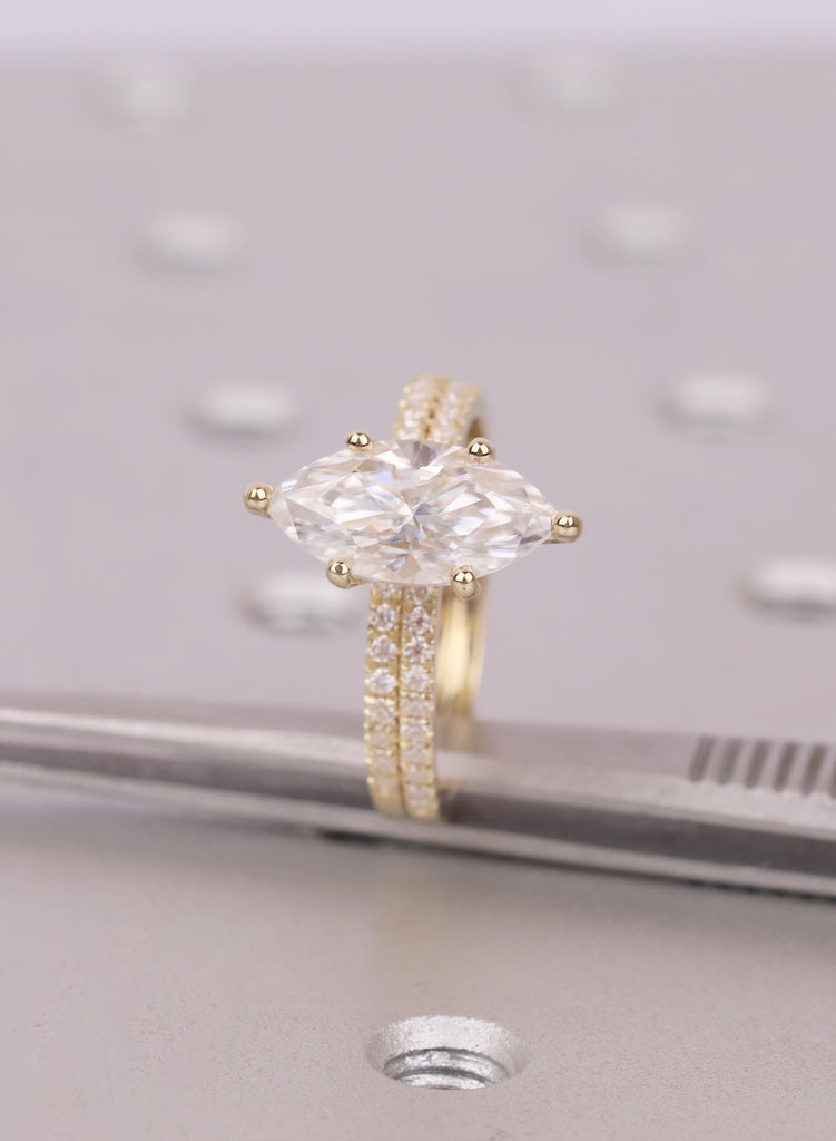 Marquise Lab Grown Diamond Bridal Set, 2Pcs Art Deco Engagement Ring, Matching 14K Gold Wedding Band, IGI Certified Wedding Ring Set Jewelry image #9