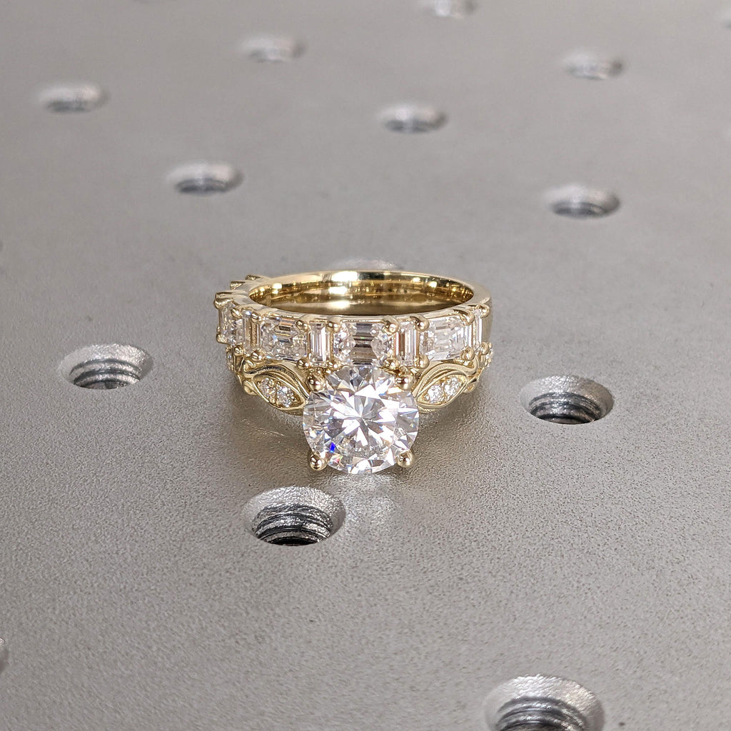 14k Yellow Gold Lab Diamond Engagement Ring and Wedding Band Set | Vintage Bridal Jewelry Anniversary Gift for Her image #4