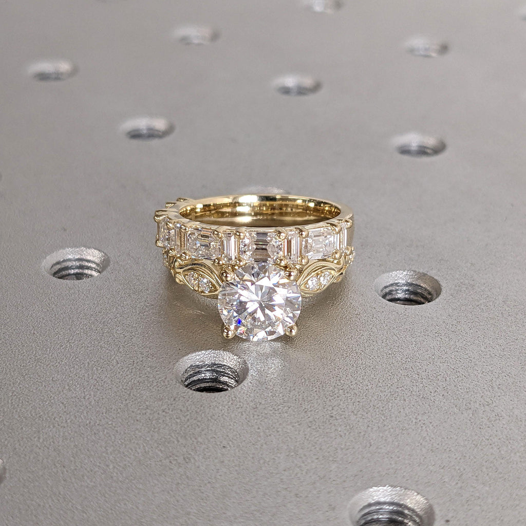 Baguette and Emerald cut Lab Grown Diamond Stackable Wedding Ring 2 Piece Bridal Set | Art Deco Promise Ring for Women image #5