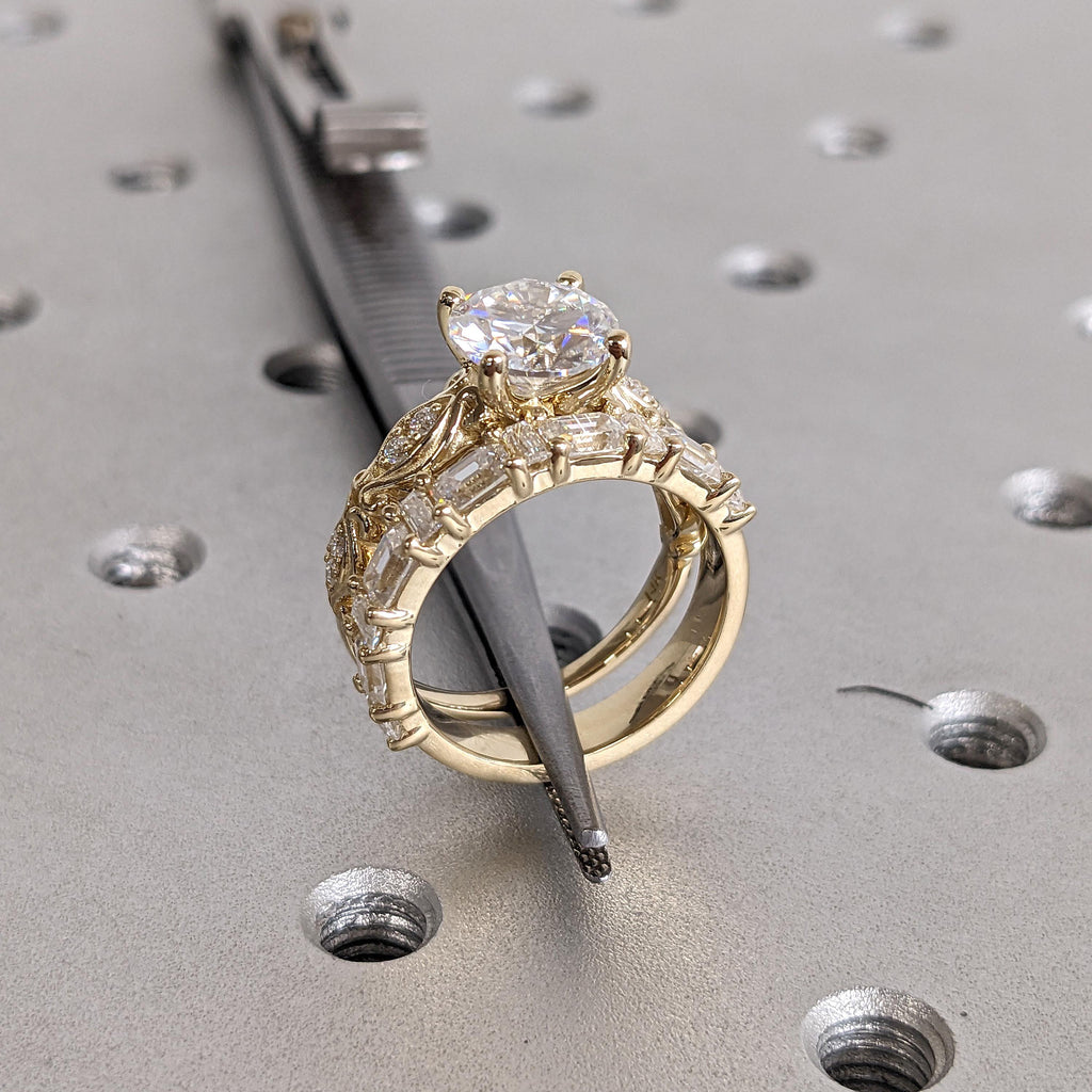 14k Yellow Gold Lab Diamond Engagement Ring and Wedding Band Set | Vintage Bridal Jewelry Anniversary Gift for Her image #10