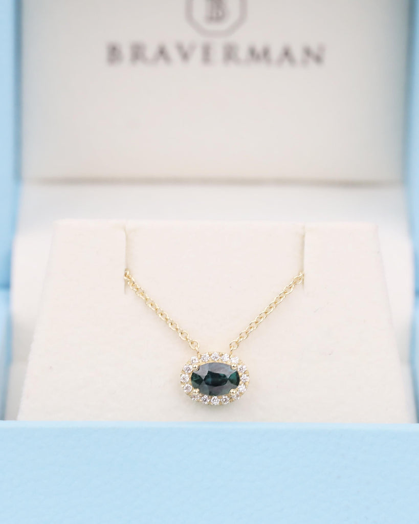 Oval Teal Sapphire Pendant, Diamond Halo, Dainty 18k/14k Gold East West Blue Green Gemstone Pendant, Solitaire Everyday Birthstone Necklace image #19