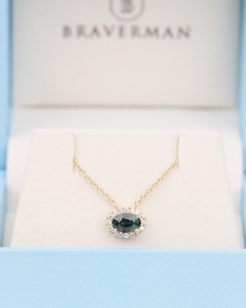 14k Yellow Gold Oval Teal Sapphire Necklace Pendant with Diamond Halo, Birthstone Jewelry image #19