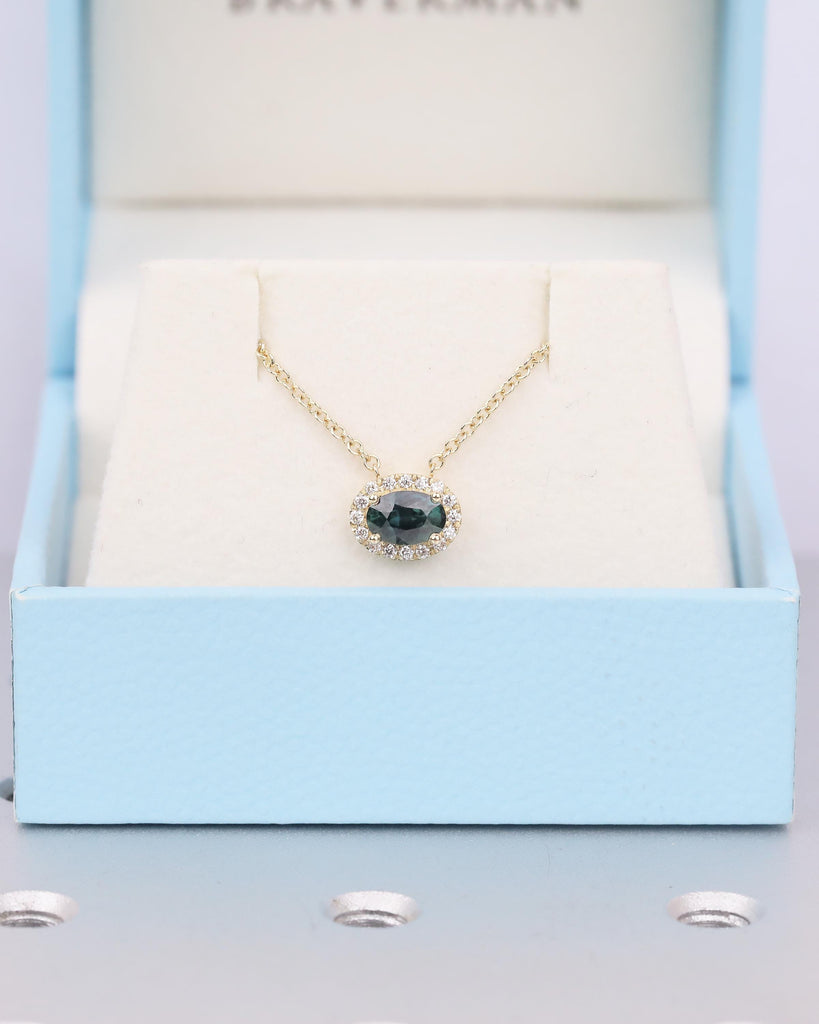 14k Yellow Gold Oval Teal Sapphire Necklace Pendant with Diamond Halo, Birthstone Jewelry image #14
