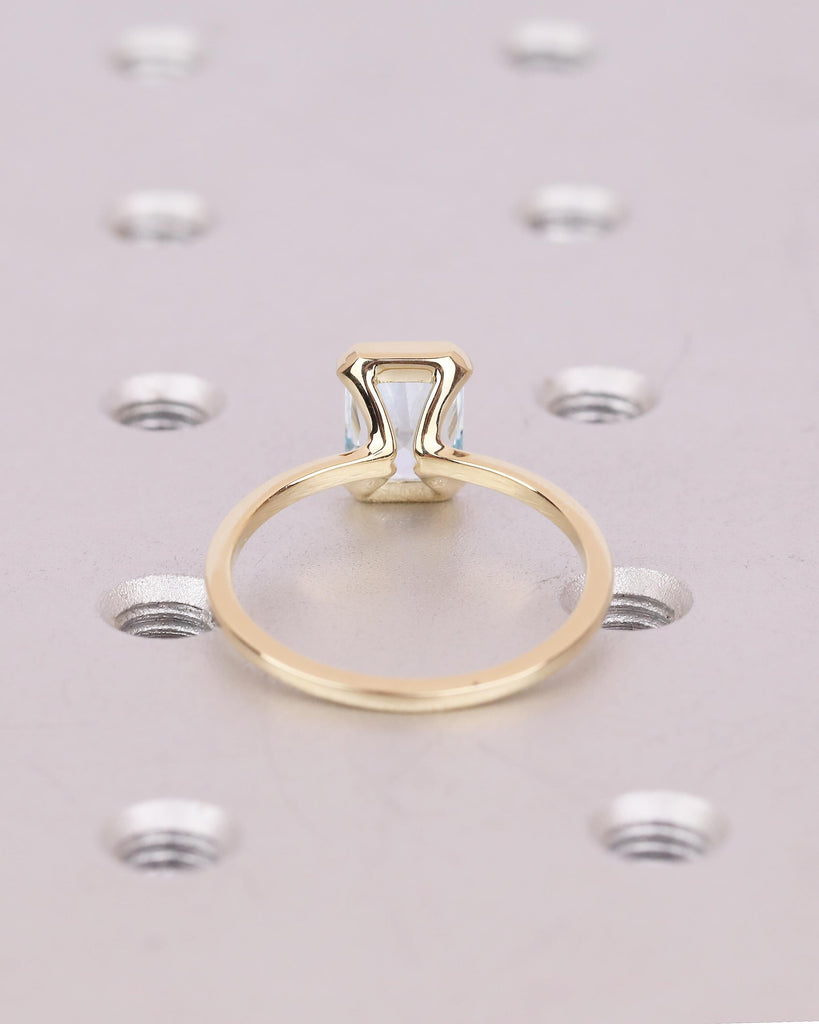Solitaire Aquamarine Engagement Ring, Radiant Cut Rings, Half Bezel 14k Yellow Gold Birthstone Ring image #6