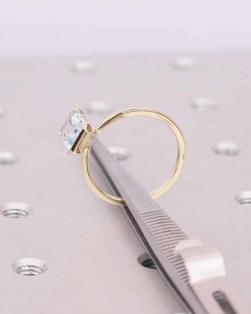 Radiant Cut Aquamarine Ring, Half Bezel Engagement Ring, 14k Solid Gold Promise Rings for Her, Light Blue Gemstone Jewelry, March Birthstone image #18