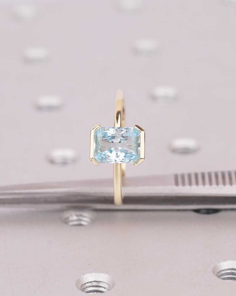 Radiant Cut Aquamarine Ring, Half Bezel Engagement Ring, 14k Solid Gold Promise Rings for Her, Light Blue Gemstone Jewelry, March Birthstone image #11