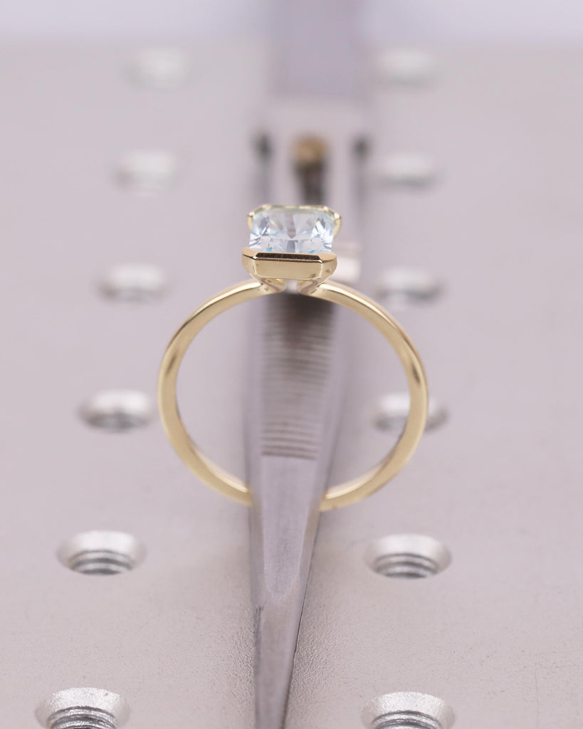 Radiant Cut Aquamarine Ring, Half Bezel Engagement Ring, 14k Solid Gold Promise Rings for Her, Light Blue Gemstone Jewelry, March Birthstone image #7