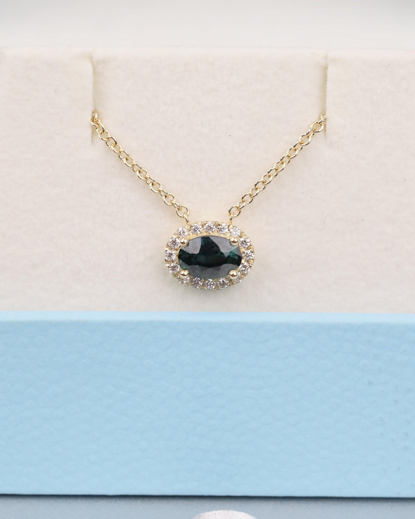 Oval Teal Sapphire Pendant, Diamond Halo, Dainty 18k/14k Gold East West Blue Green Gemstone Pendant, Solitaire Everyday Birthstone Necklace image #12