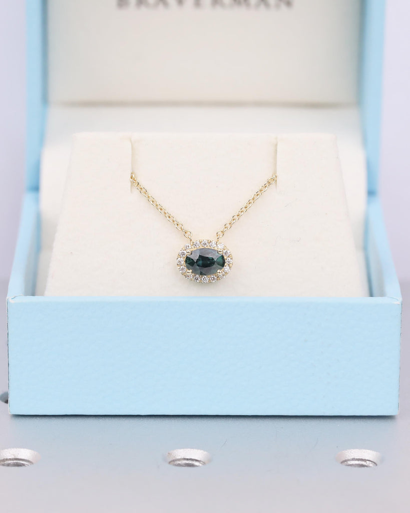 Oval Teal Sapphire Pendant, Diamond Halo, Dainty 18k/14k Gold East West Blue Green Gemstone Pendant, Solitaire Everyday Birthstone Necklace image #10