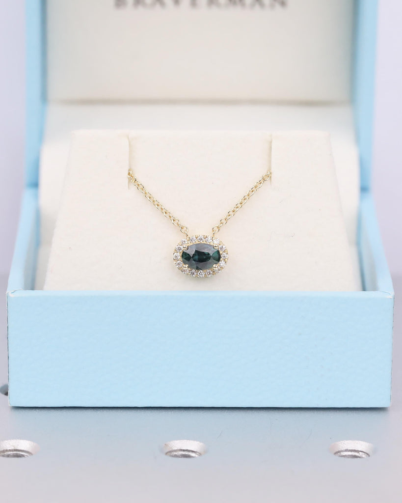 14k Yellow Gold Oval Teal Sapphire Necklace Pendant with Diamond Halo, Birthstone Jewelry image #10