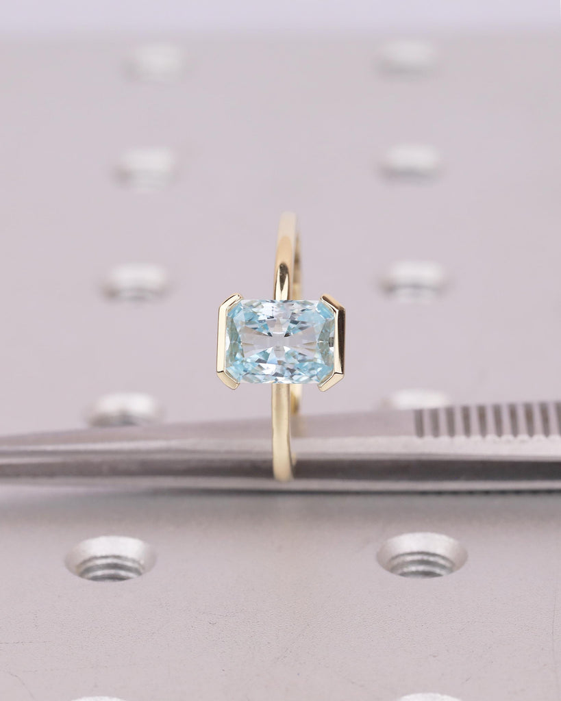 Solitaire Aquamarine Engagement Ring, Radiant Cut Rings, Half Bezel 14k Yellow Gold Birthstone Ring image #16
