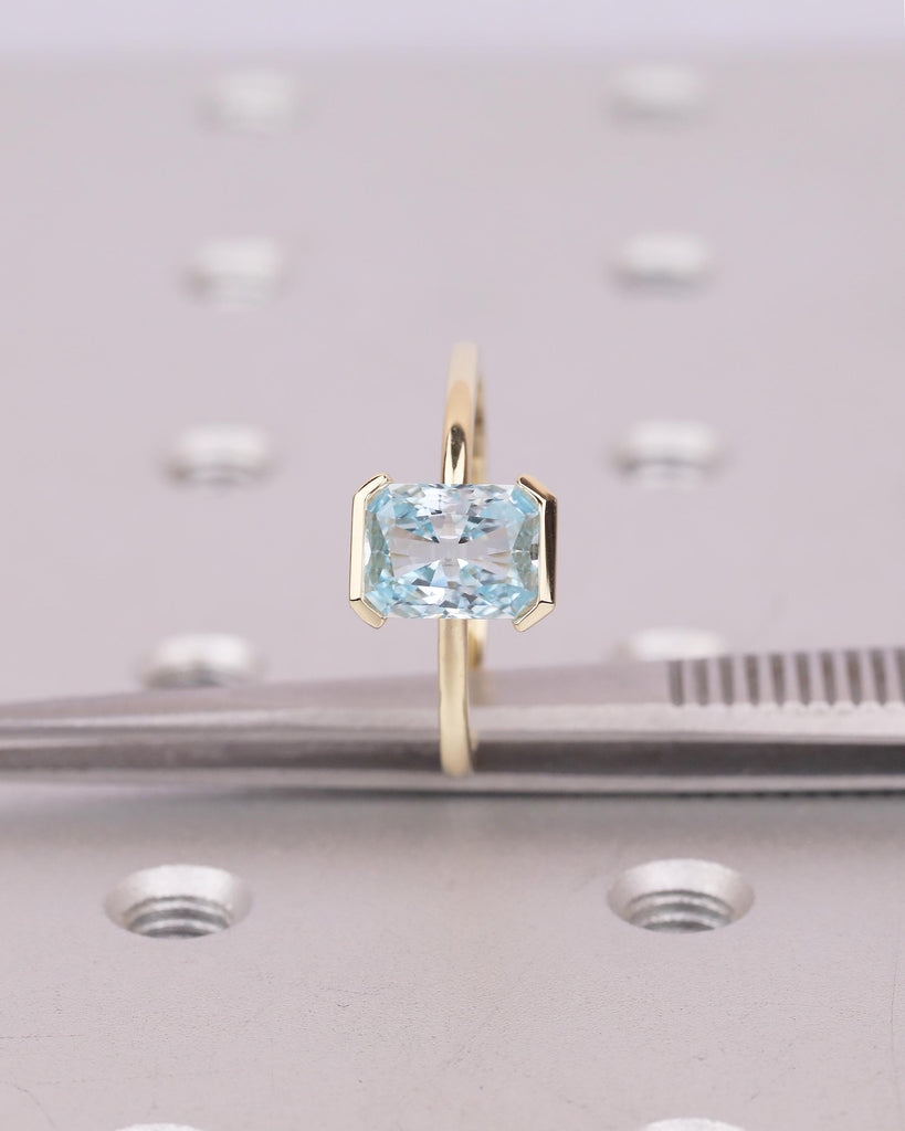 Radiant Cut Aquamarine Ring, Half Bezel Engagement Ring, 14k Solid Gold Promise Rings for Her, Light Blue Gemstone Jewelry, March Birthstone image #16