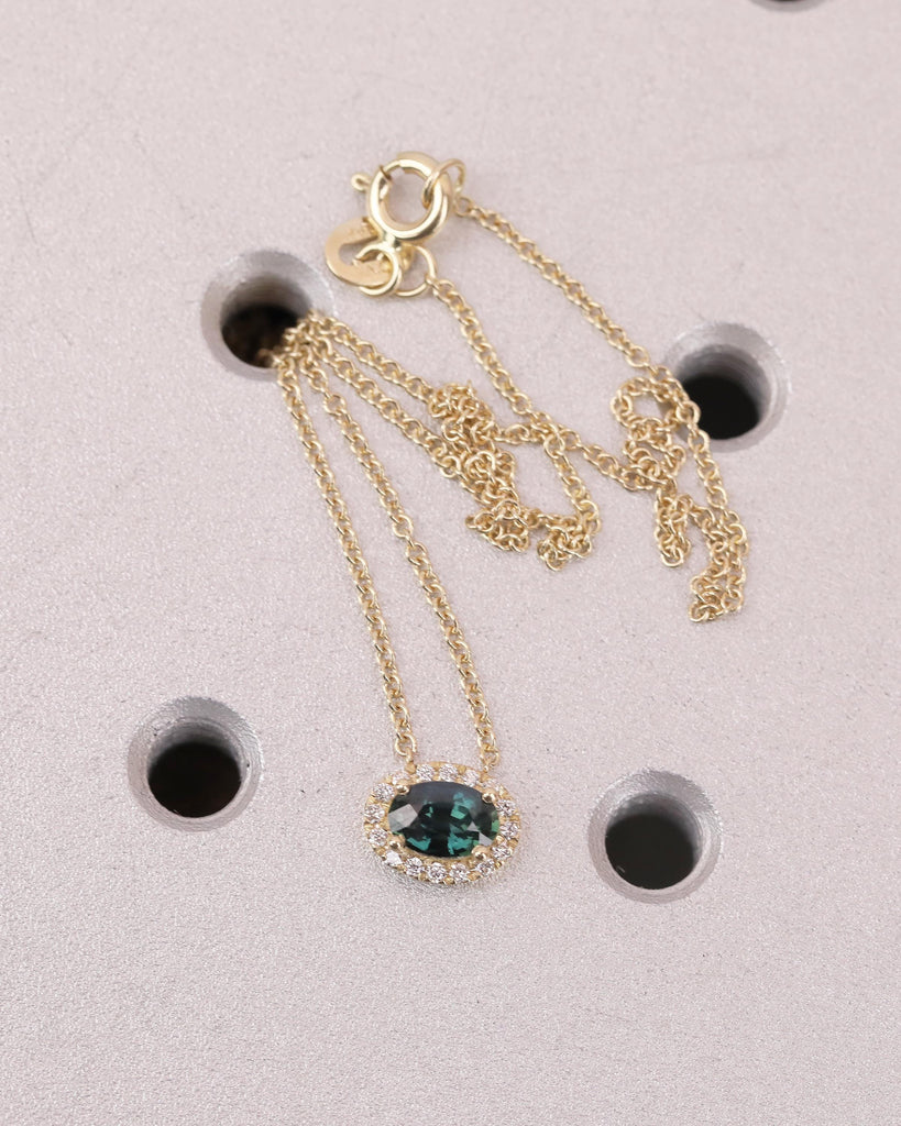 Oval Teal Sapphire Pendant, Diamond Halo, Dainty 18k/14k Gold East West Blue Green Gemstone Pendant, Solitaire Everyday Birthstone Necklace image #4