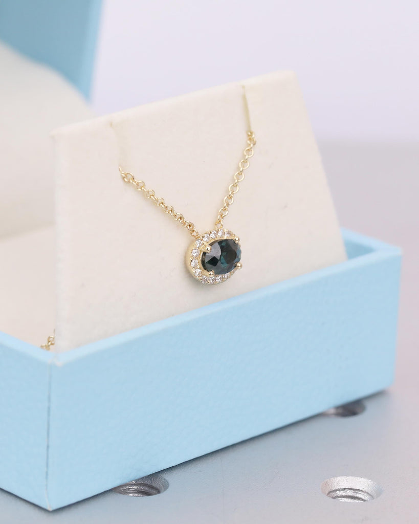 Oval Teal Sapphire Pendant, Diamond Halo, Dainty 18k/14k Gold East West Blue Green Gemstone Pendant, Solitaire Everyday Birthstone Necklace image #3