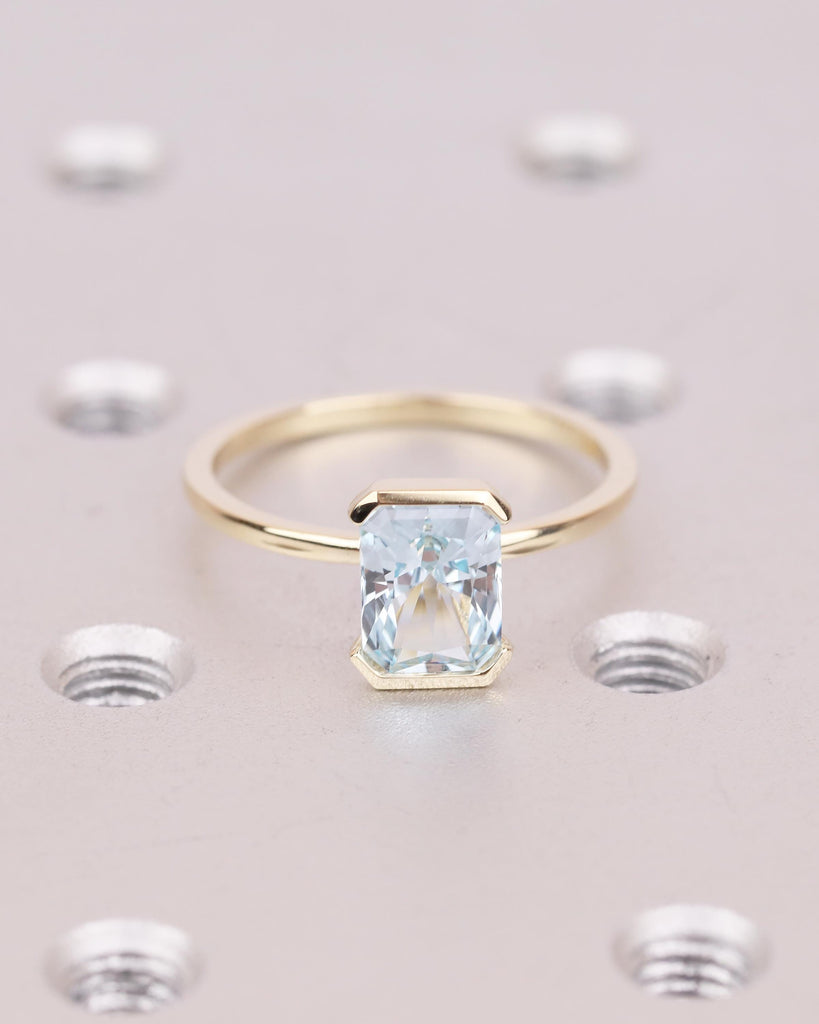 Radiant Cut Aquamarine Ring, Half Bezel Engagement Ring, 14k Solid Gold Promise Rings for Her, Light Blue Gemstone Jewelry, March Birthstone image #13