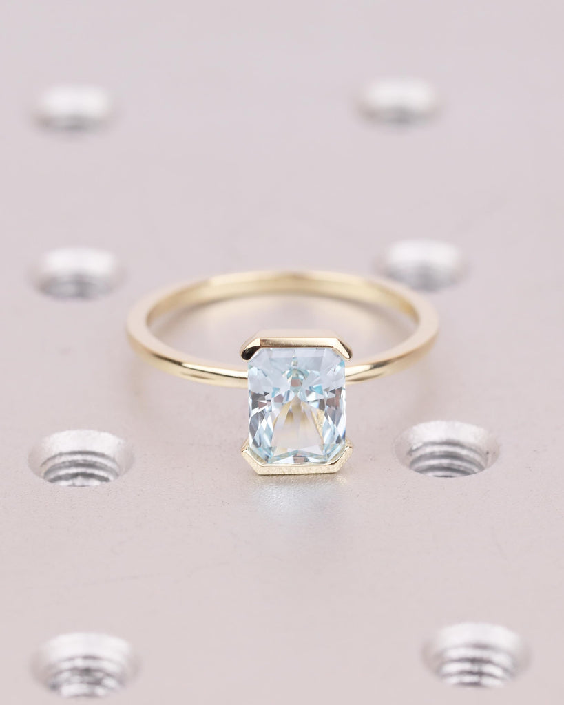 Solitaire Aquamarine Engagement Ring, Radiant Cut Rings, Half Bezel 14k Yellow Gold Birthstone Ring image #13