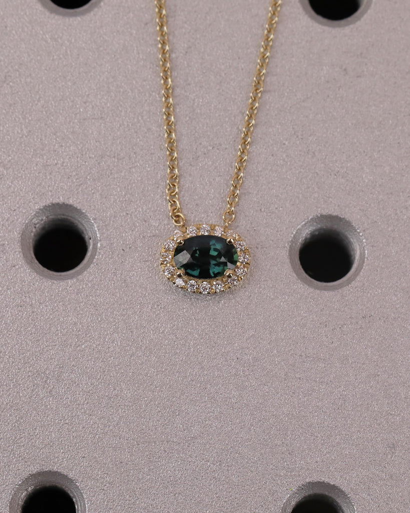 Oval Teal Sapphire Pendant, Diamond Halo, Dainty 18k/14k Gold East West Blue Green Gemstone Pendant, Solitaire Everyday Birthstone Necklace image #15