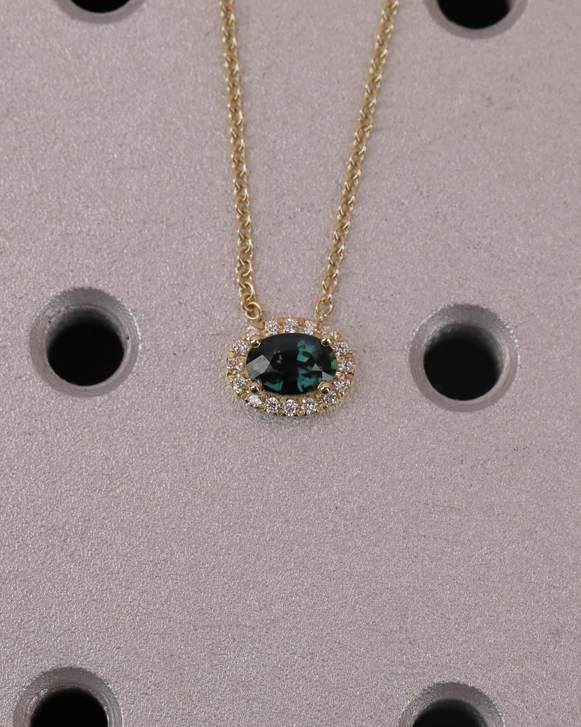14k Yellow Gold Oval Teal Sapphire Necklace Pendant with Diamond Halo, Birthstone Jewelry image #15