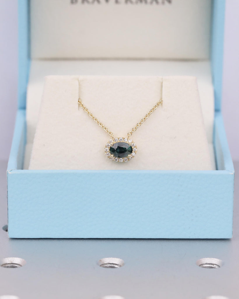 Oval Teal Sapphire Pendant, Diamond Halo, Dainty 18k/14k Gold East West Blue Green Gemstone Pendant, Solitaire Everyday Birthstone Necklace image #1