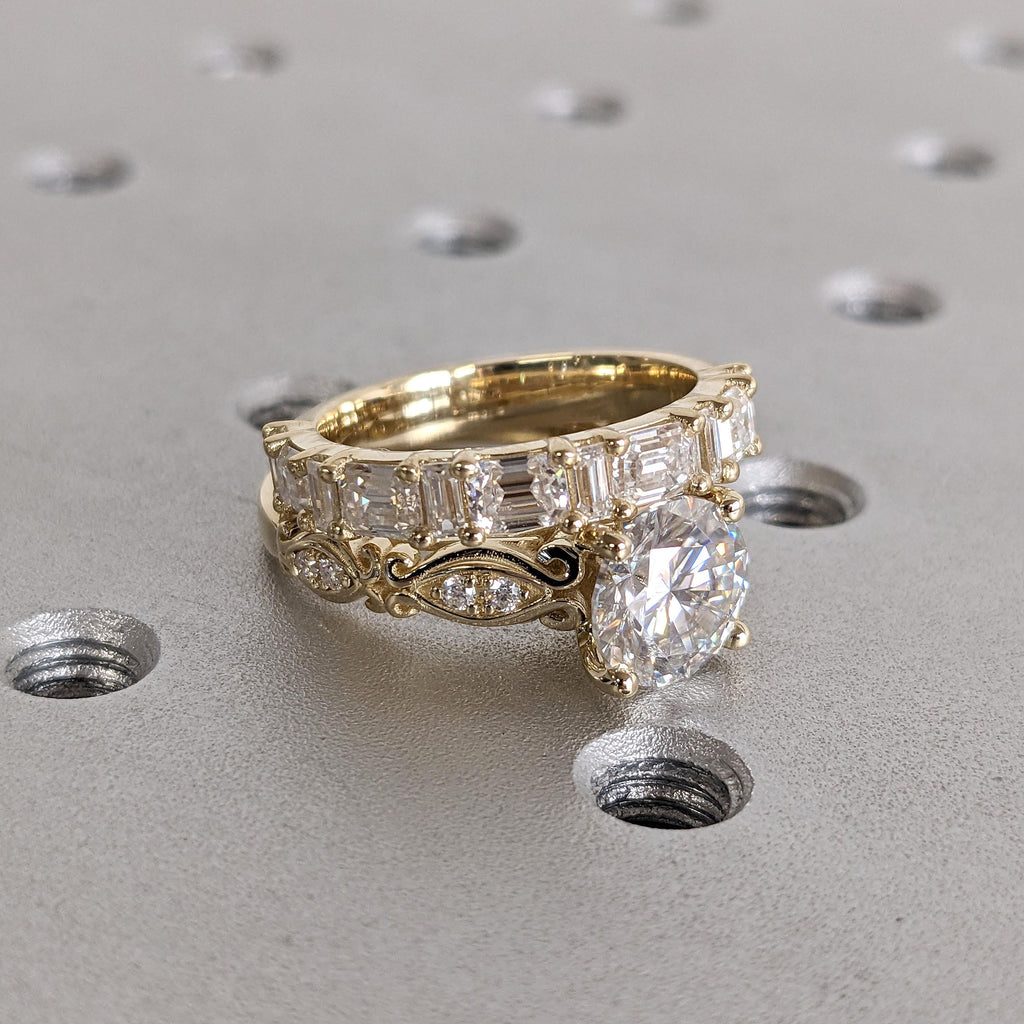 Baguette and Emerald cut Lab Grown Diamond Stackable Wedding Ring 2 Piece Bridal Set | Art Deco Promise Ring for Women image #1