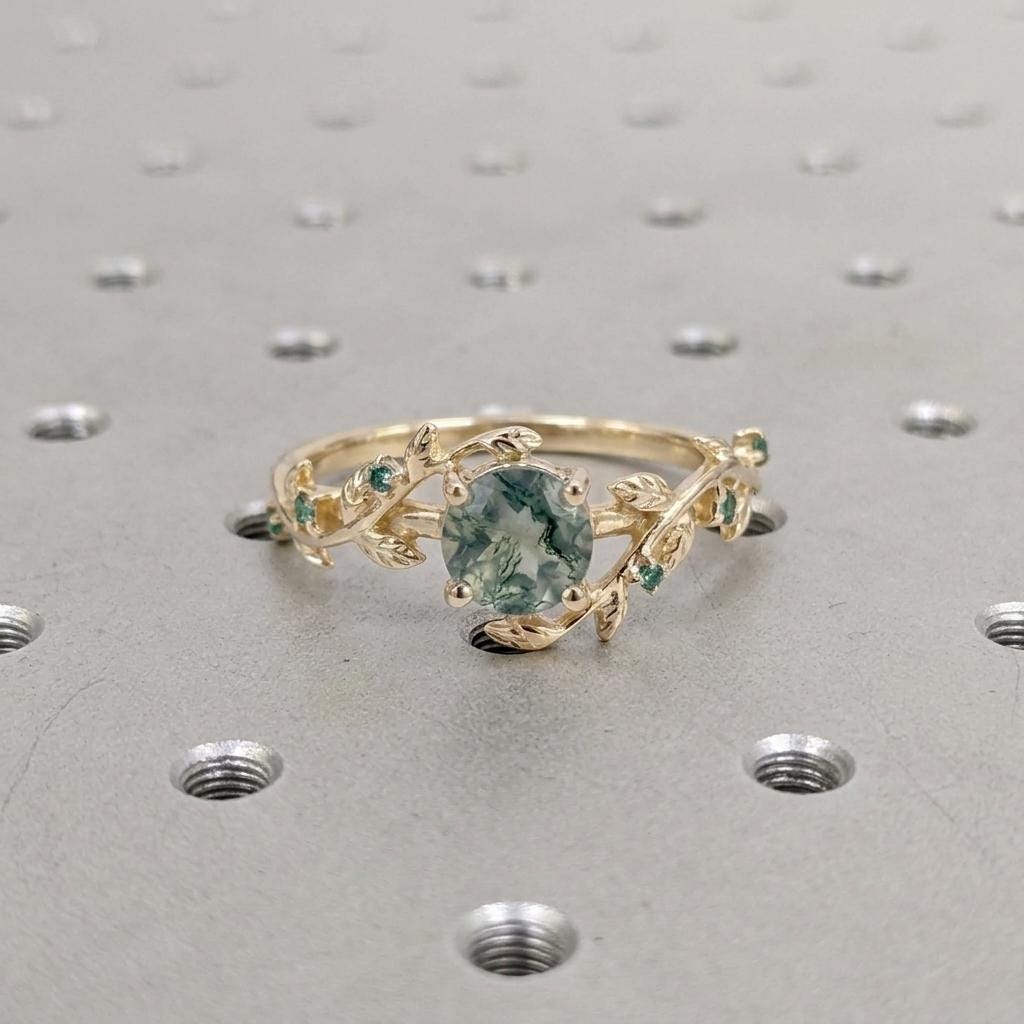 Vine and Leaf Emerald, Moss Agate Rings | Solid Gold Engagement Rings | BOHO Ring Wedding Anniversary Gift for Her image #2