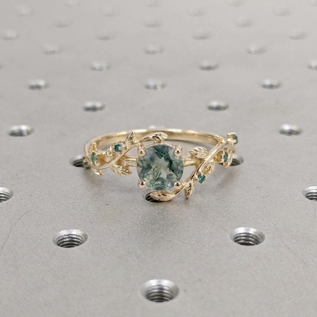 1ct Moss Agate Gemstone Engagement Rings for Women | 14k Yellow Gold Elven Ring | Unique Bridal Jewelry image #6