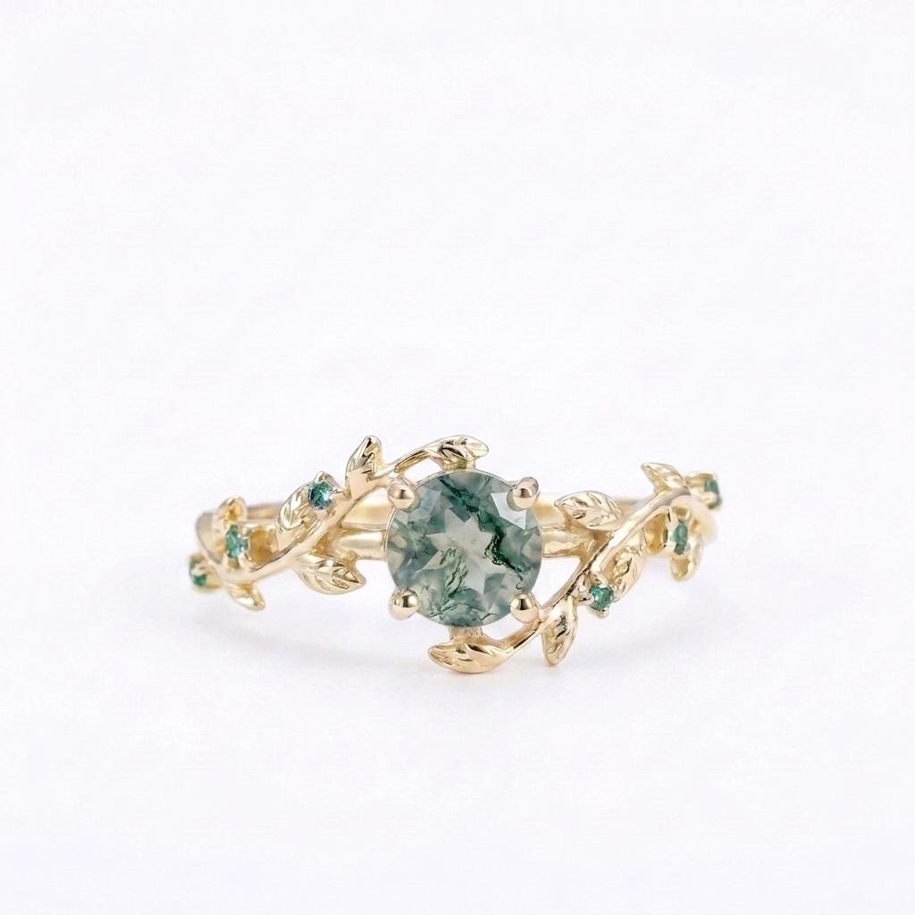 1ct Moss Agate Gemstone Engagement Rings for Women | 14k Yellow Gold Elven Ring | Unique Bridal Jewelry image #1