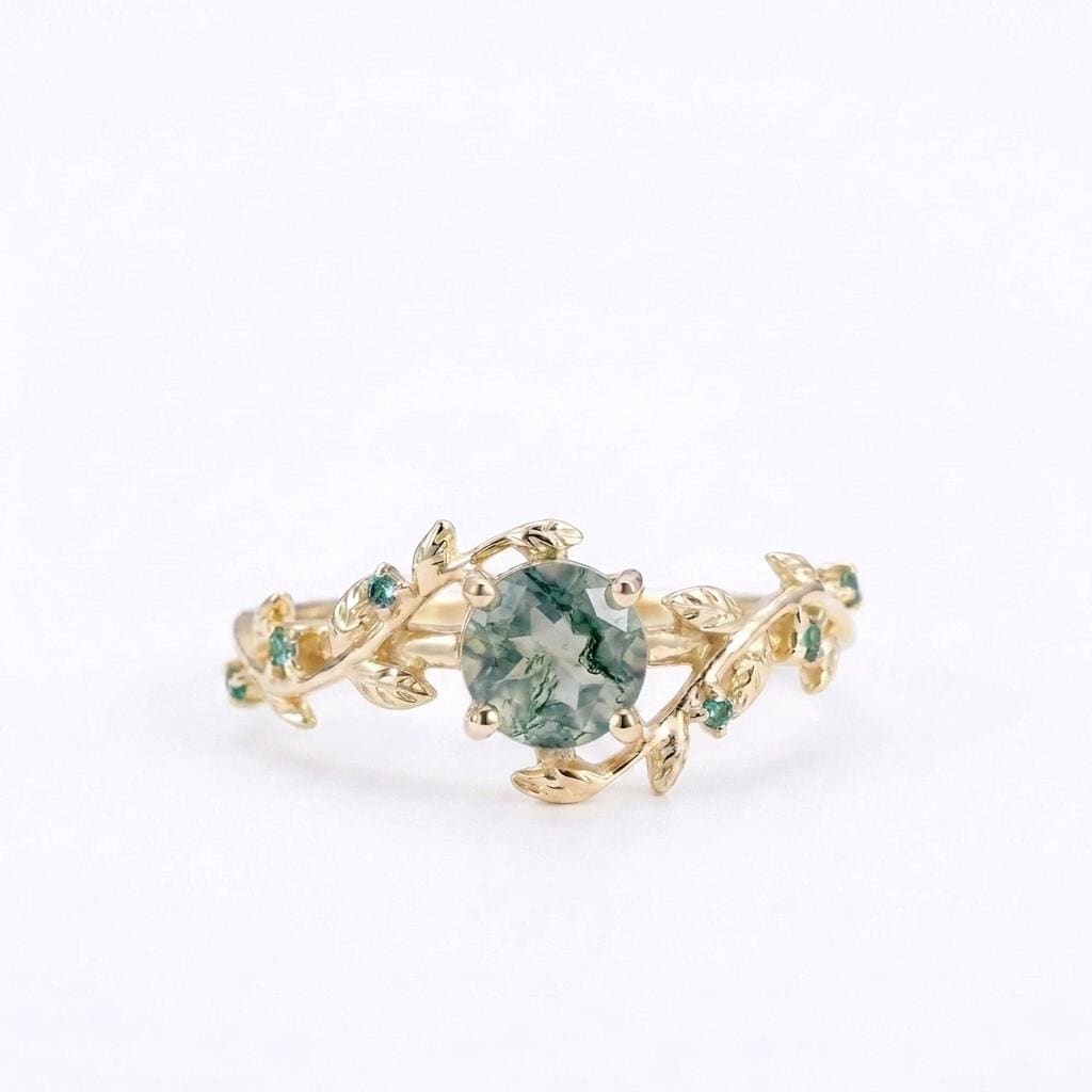 Vine and Leaf Emerald, Moss Agate Rings | Solid Gold Engagement Rings | BOHO Ring Wedding Anniversary Gift for Her image #6