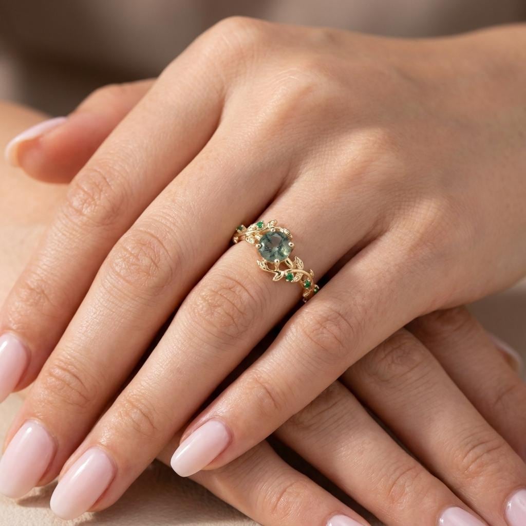 Vine and Leaf Emerald, Moss Agate Rings | Solid Gold Engagement Rings | BOHO Ring Wedding Anniversary Gift for Her image #1