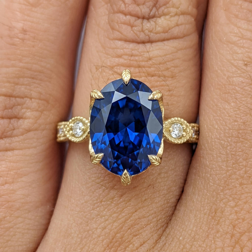 Blue Lab Sapphire and Diamond Art Deco Promise Ring | Solid Gold Gemstone Engagement Ring | September Birthstone Anniversary Gift image #1
