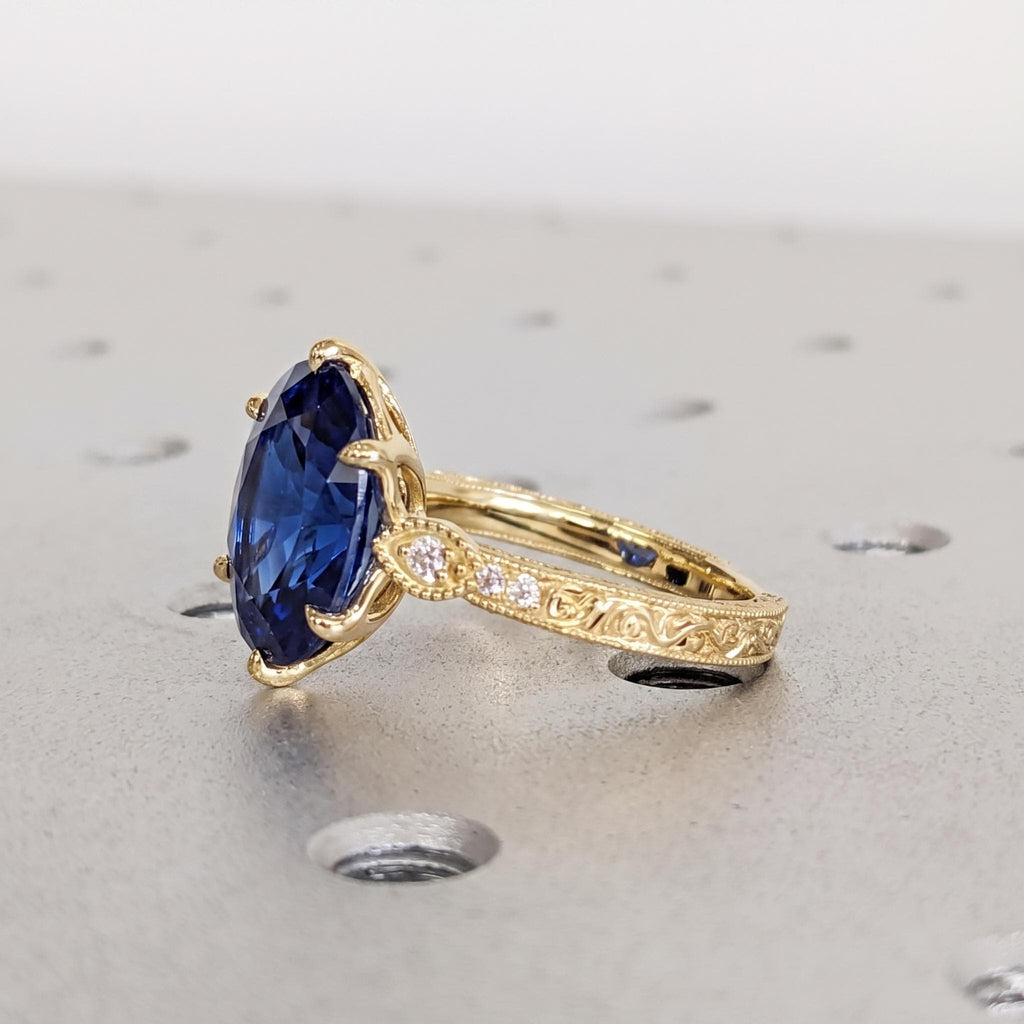 Vintage Tulip Setting Sapphire Engagement Rings for Women | 14K Yellow Gold Filigree Proposal Ring | High End Bridal Jewelry image #3