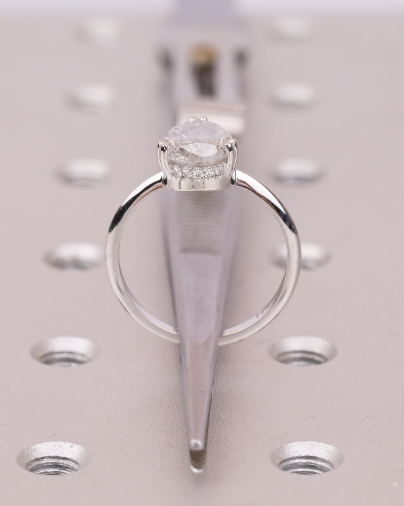 Pear Cut Salt and Pepper Diamond Engagement Ring, 14k White Gold Hidden Halo Ring image #7