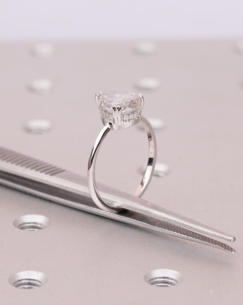 Hidden Halo Diamond Engagement Ring, Double Prong Vintage Salt and Pepper Ring, 14k White Gold Promise Rings for Women, Personalized Jewelry image #16
