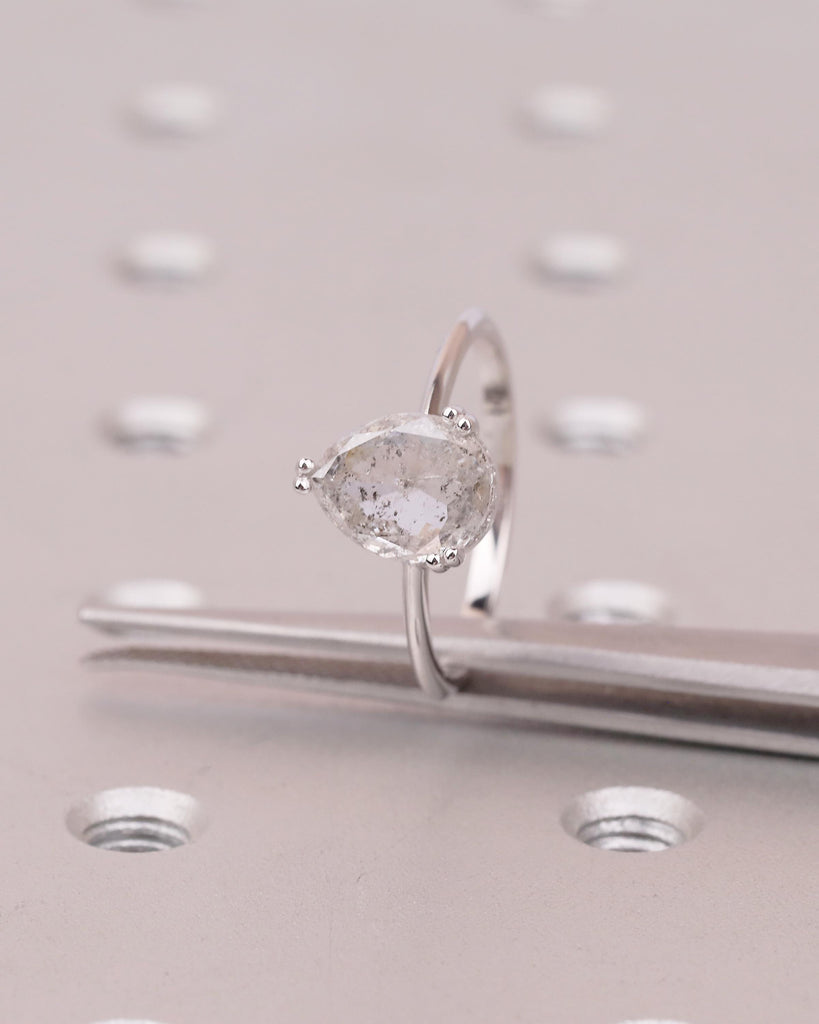 Pear Cut Salt and Pepper Diamond Engagement Ring, 14k White Gold Hidden Halo Ring image #10