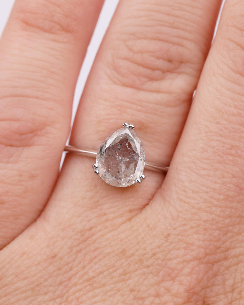 Pear Cut Salt and Pepper Diamond Engagement Ring, 14k White Gold Hidden Halo Ring image #12