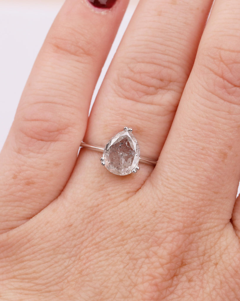 Pear Cut Salt and Pepper Diamond Engagement Ring, 14k White Gold Hidden Halo Ring image #15