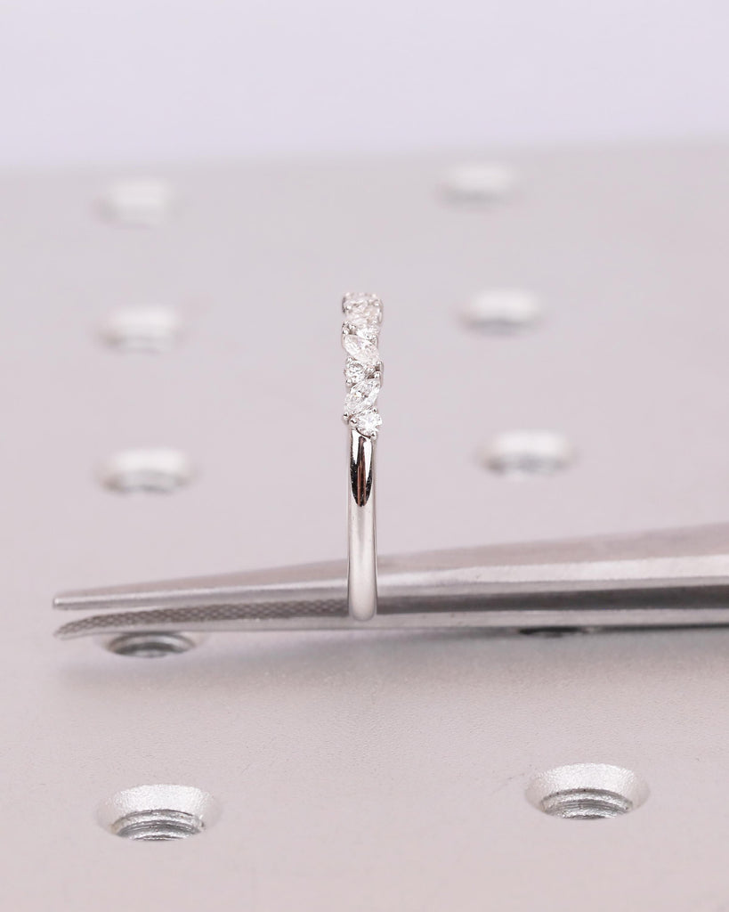 Art Deco Women's Wedding Band, Alternating Round, Marquise Cut Lab Grown Diamond Stackable Rings, Unique 14k White Gold Ring, Bridal Jewelry image #8